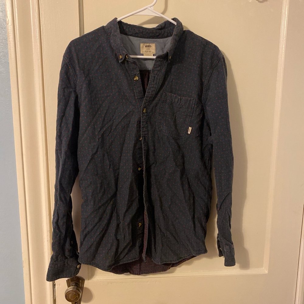Vans Gray Shirt with Navy Collar and Red Dot Accent